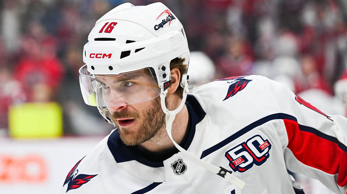 Washington Capitals right wing Taylor Raddysh (16) looks on during warm-up before the game against the Montreal Canadiens in game four of the first round of the 2025 Stanley Cup Playoffs at Bell Centre.