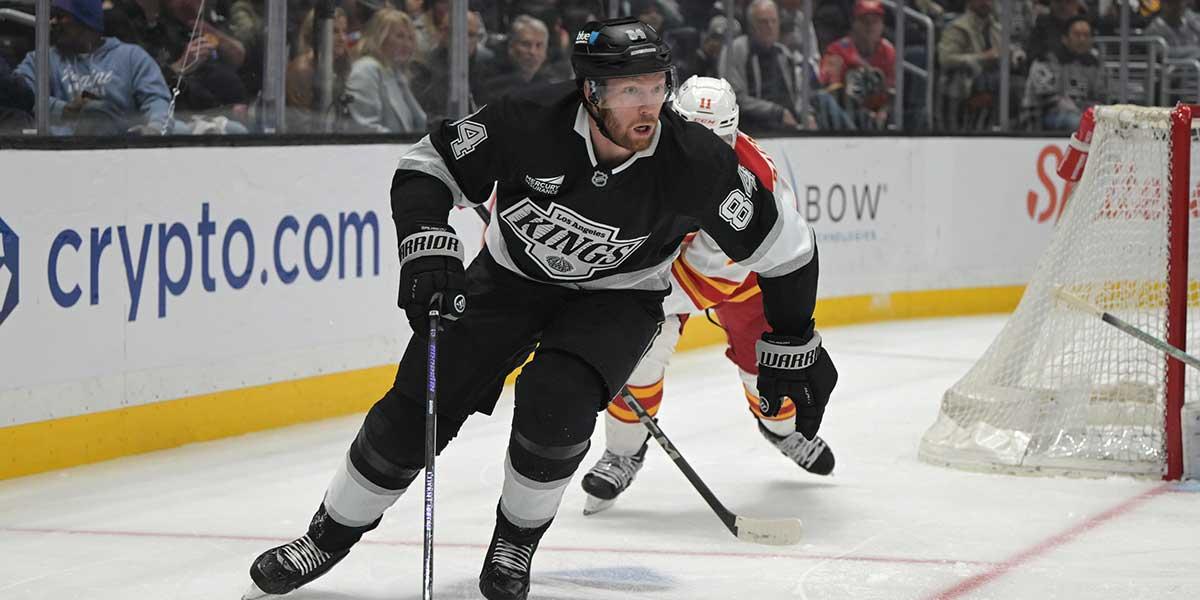 Los Angeles Kings defenseman Vladislav Gavrikov (84) controls the puck during the second period at Crypto.com Arena.