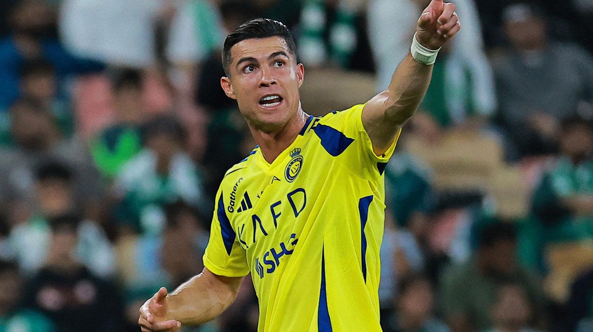 Al Nassr player Cristiano Ronaldo reacts after being substituted in a Saudi Pro League soccer match at King Abdullah Sports City.