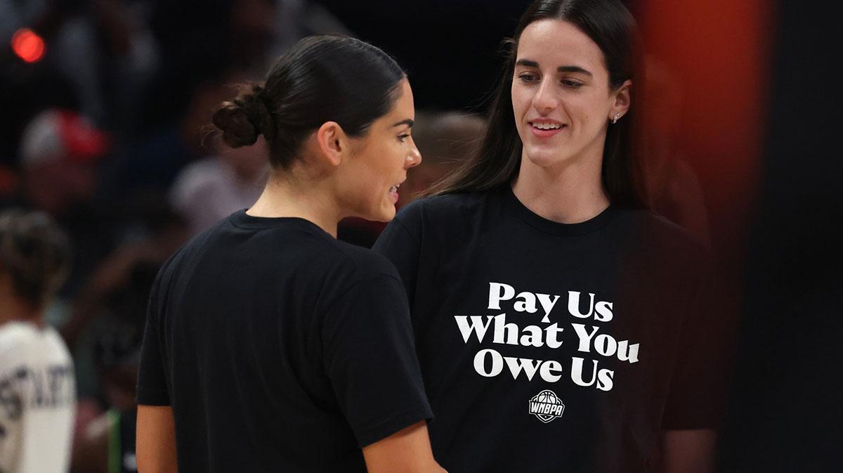guard Caitlin Clark (22) and Team Collier guard Kelsey Plum (10) before the 2025 WNBA All Star Game at Gainbridge Fieldhouse
