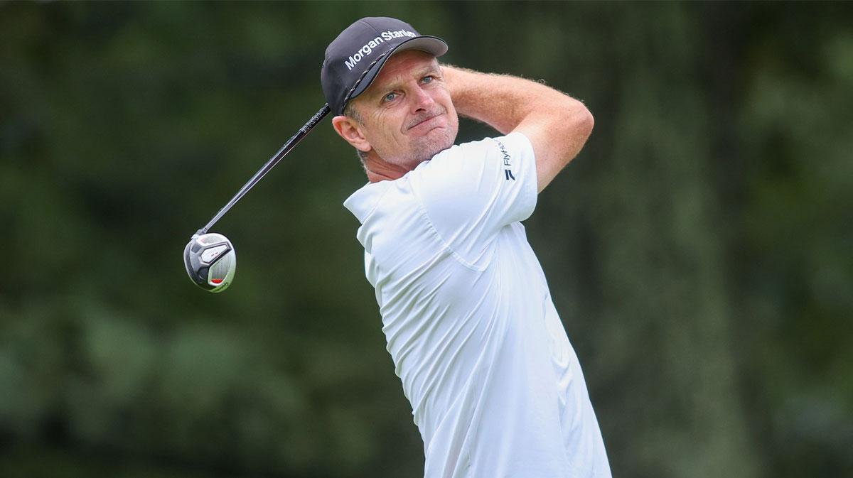 Justin Rose plays his shot from the third tee during the second round of the TOUR Championship golf tournament.