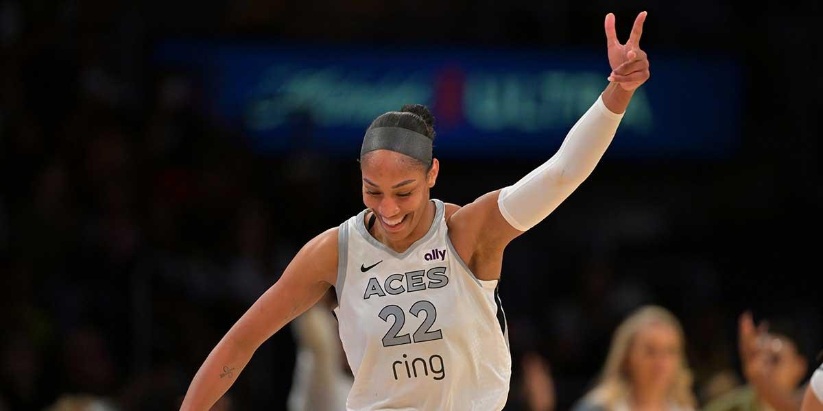 Las Vegas Aces center A'ja Wilson (22) celebrates after a 3 pointer during the second half against the Los Angeles Sparks at Crypto.com Arena.