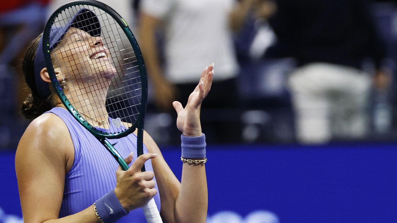 Amanda Anisimova (USA) celebrates after match against Naomi Osaka (JPN) (not pictured) in a women's singles semifinal of the 2025 US Open tennis championships at USTA Billie Jean King National Tennis Center.