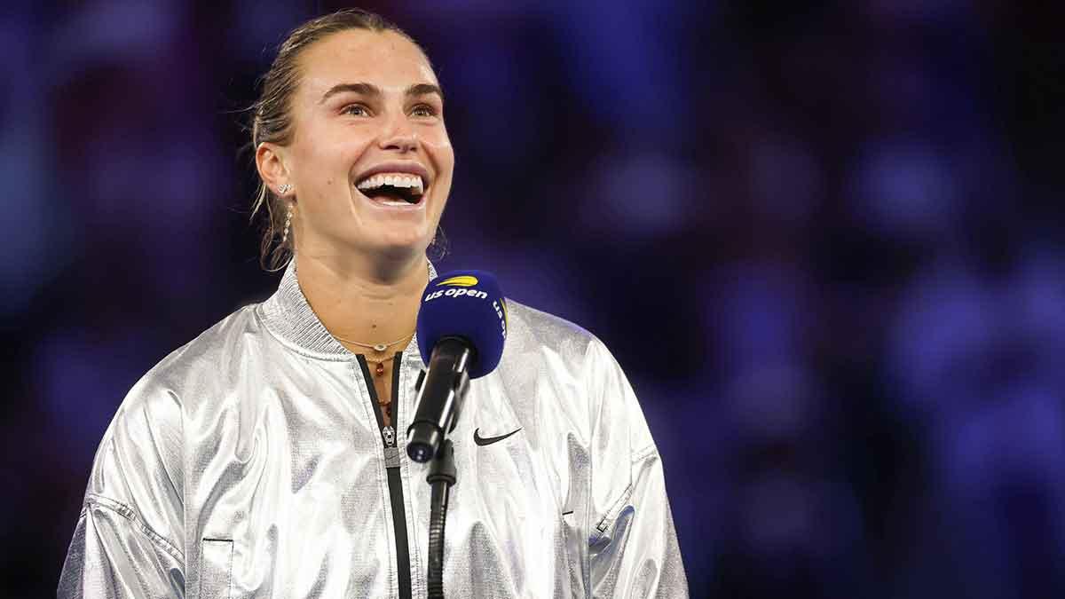 Aryna Sabalenka speaks to the crows after winning the women's singles final against Amanda Anisimova (USA) (not pictured) of the 2025 US Open tennis championships at Billie Jean King National Tennis Center.