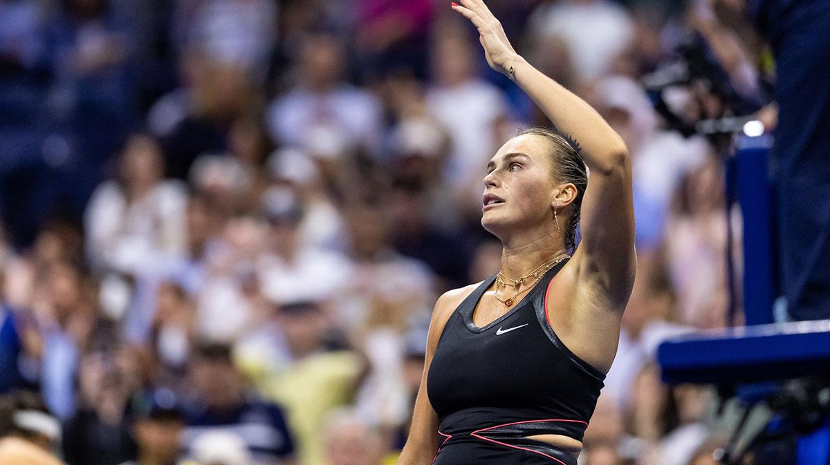 Aryna Sabalenka of Belarus celebrates her victory over Jessica Pegula of the United States in the semifinal of the women’s singles at the US Open at Arthur Ashe Stadium in Billie Jean King National Tennis Center.