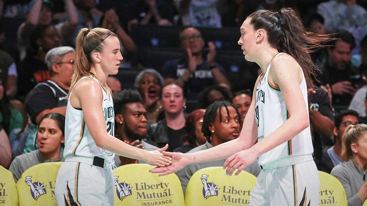 New York Liberty guard Sabrina Ionescu (20), and forward Breanna Stewart (30) at Barclays Center.