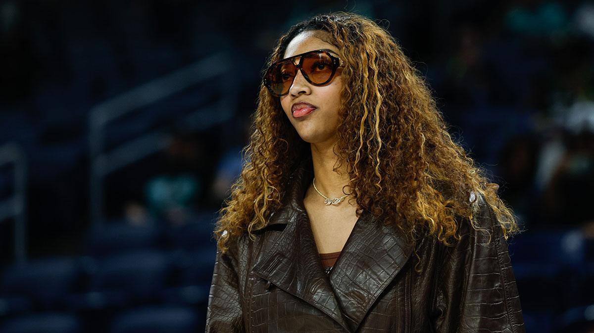 Injured Chicago Sky forward Angel Reese (5) stands on the sidelines before a WNBA game against the New York Liberty at Wintrust Arena.