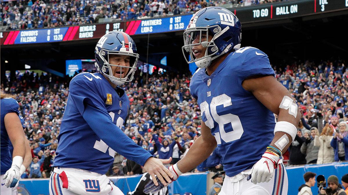Eli Manning and Saquon Barkley, the subject of Prime Video's self titled documentary produced by Martin Scorsese, on the New York Giants.