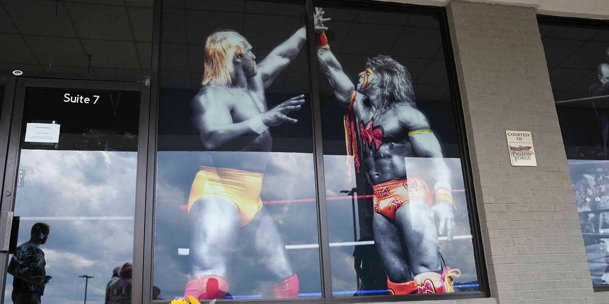 Flowers outside the closed Hulk Hogan's Wrestling Shop in Pigeon Forge, Tenn., at 147 East Wears Valley Road on July 24, 2025. Hulk Hogan's death was announced on July 24.