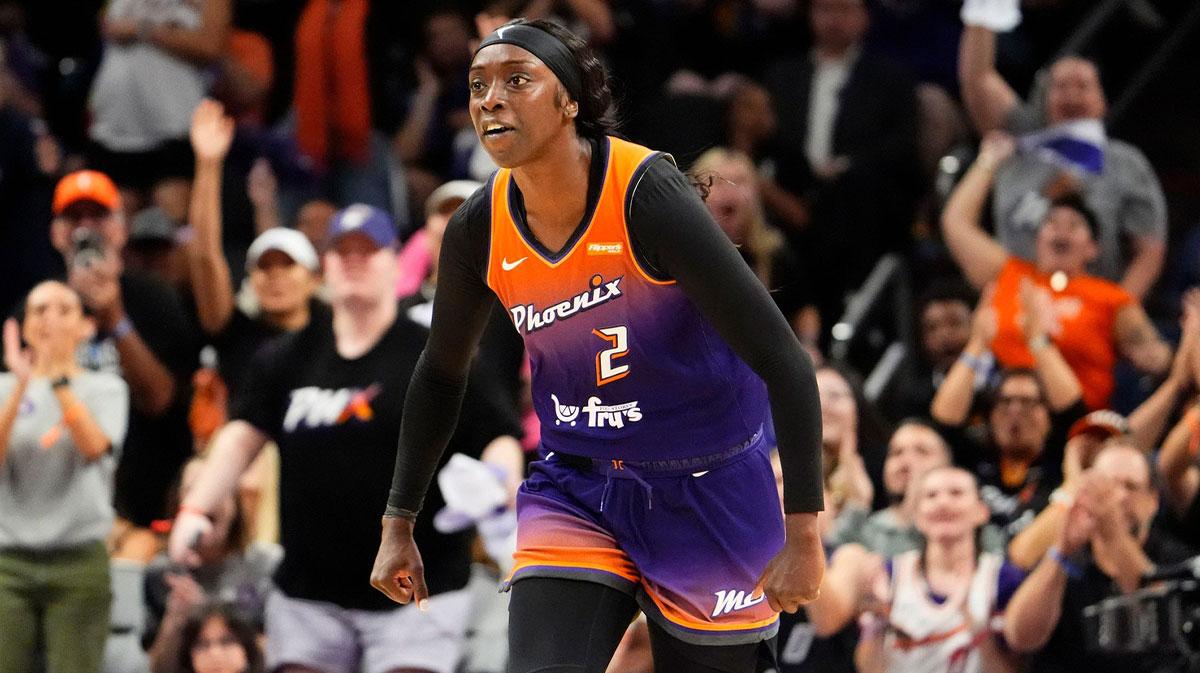 Phoenix Mercury guard Kahleah Copper (2) reacts after making a basket against the New York Liberty in the second half of Game One of the 2025 WNBA Playoffs first round at PHX Arena on Sept. 14, 2025.