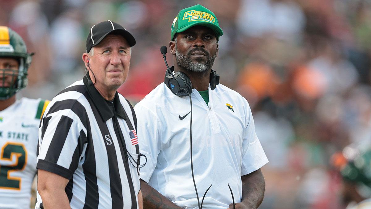 Norfolk State Spartans head coach Michael Vick look up during the first half against the Rutgers Scarlet Knights at SHI Stadium. Mandatory Credit: Vincent Carchietta-Imagn Images