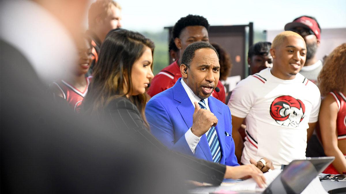 ESPN personalities Molly Qerim and Stephen A. Smith on First Take.