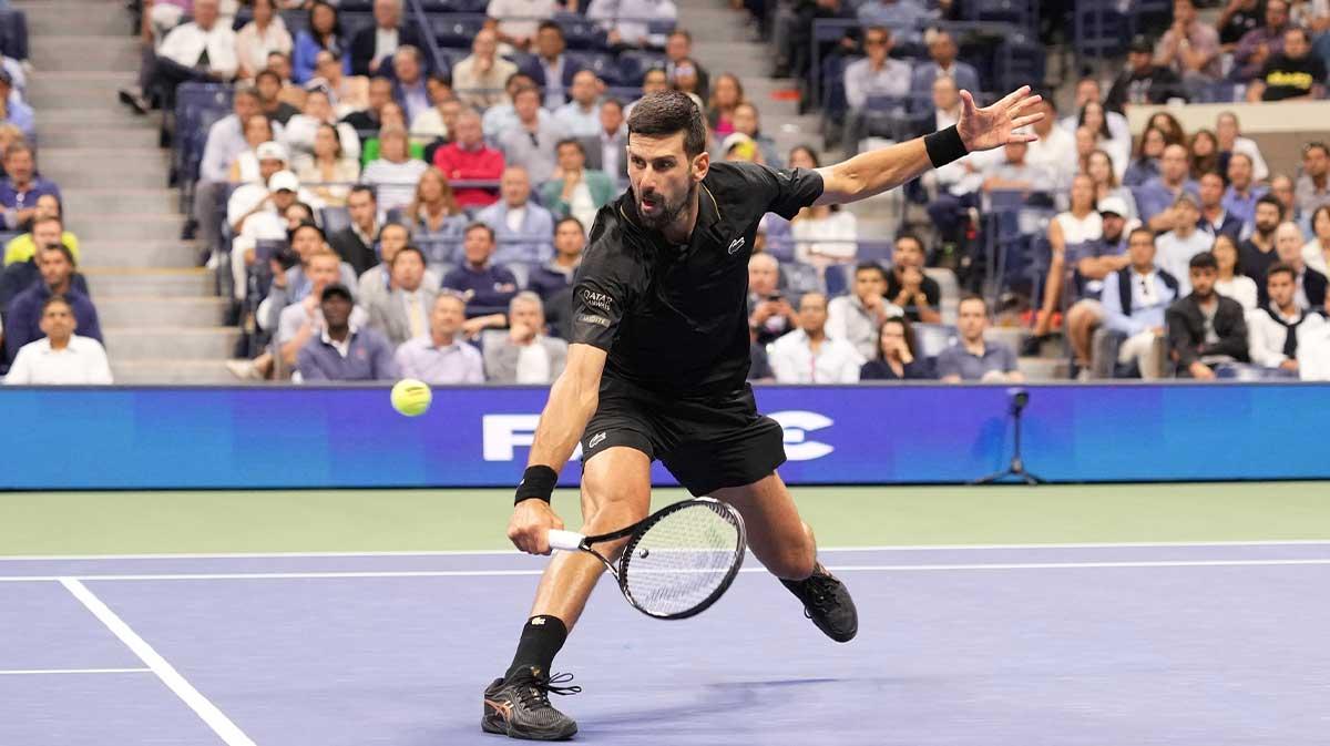 Novak Djokovic (SRB) hits to Taylor Fritz (USA) (not pictured) on day ten of the 2025 U.S. Open tennis tournament at the USTA Billie Jean King National Tennis Center.