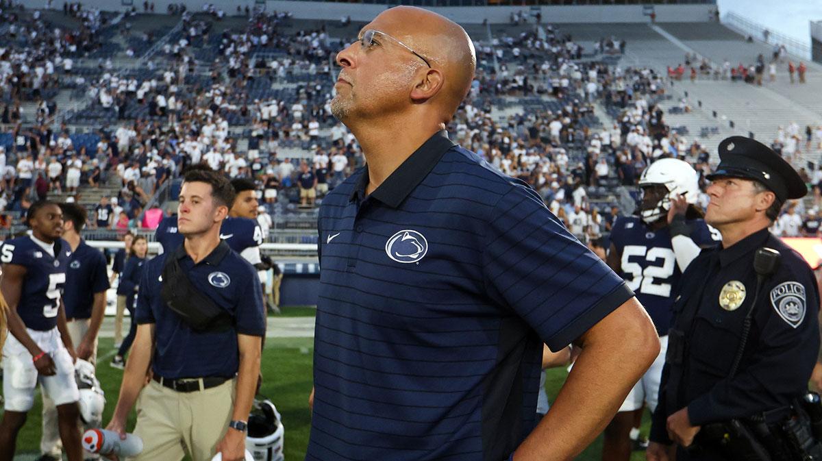 Penn State Nittany Lions head coach James Franklin watches the replay of the final play of the game following the end of the game against the Villanova Wildcats at Beaver Stadium.