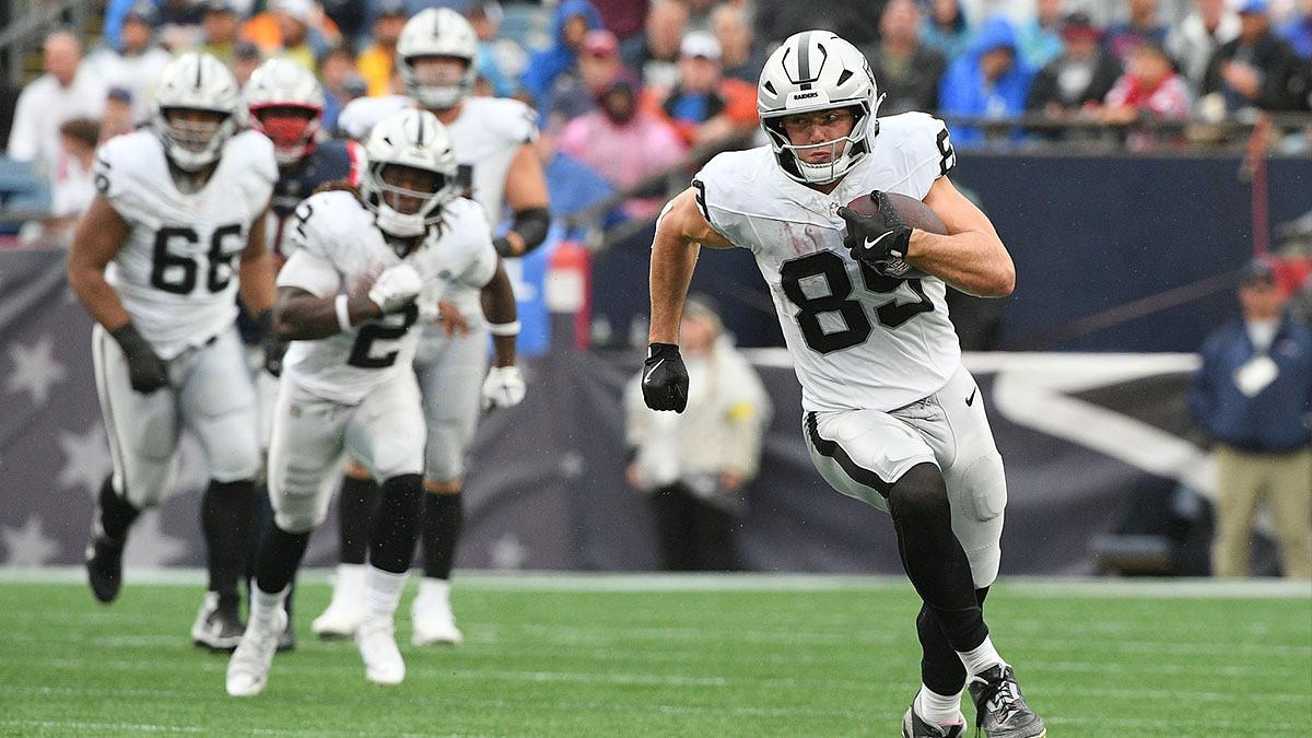 Las Vegas Raiders tight end Brock Bowers (89) makes a catch against the New England Patriots during the second half at Gillette Stadium.