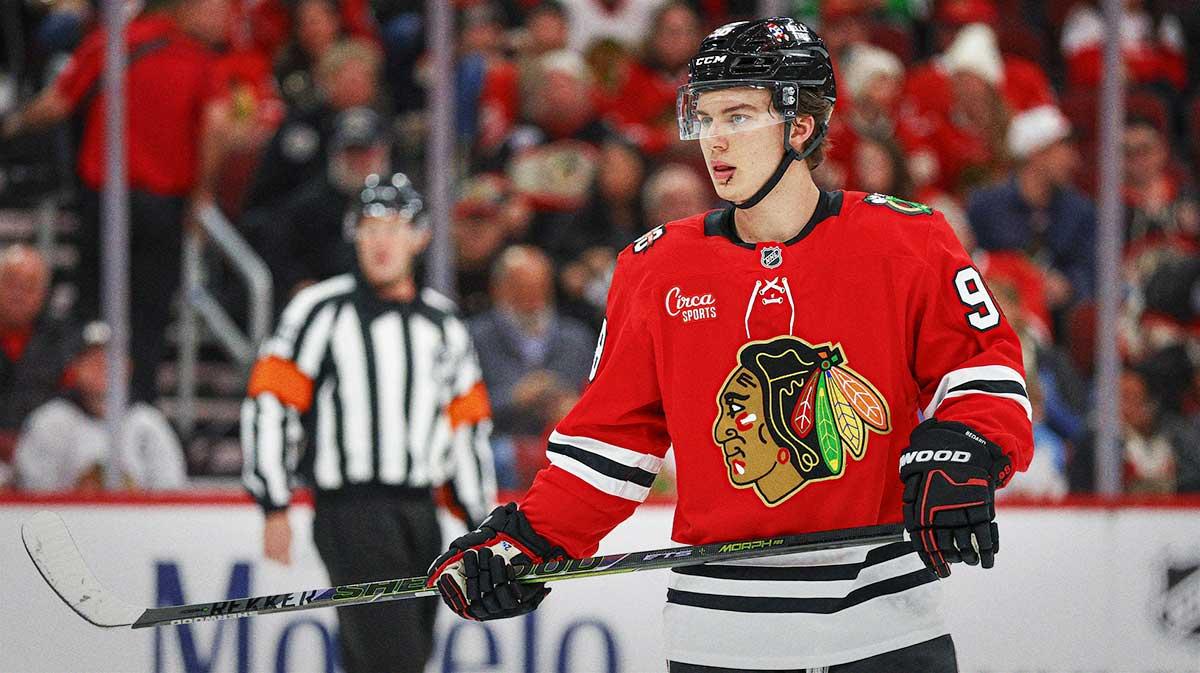 Chicago Blackhawks center Connor Bedard (98) looks on during the first period of an NHL game against the Los Angeles Kings at United Center.