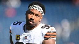 Cleveland Browns defensive end Myles Garrett (95) looks on during warm up prior to the game against the New England Patriots at Gillette Stadium.
