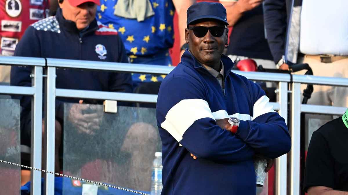 Michael Jordan watches the first hole on the penultimate day of competition for the Ryder Cup at Bethpage Black