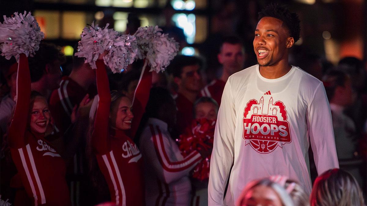 Indiana's Nick Dorn is introduced during the Hoosier Hoops on Kirkwood event on Kirkwood Avenue just outside the Sample Gates on Thursday, Oct. 2, 2025.