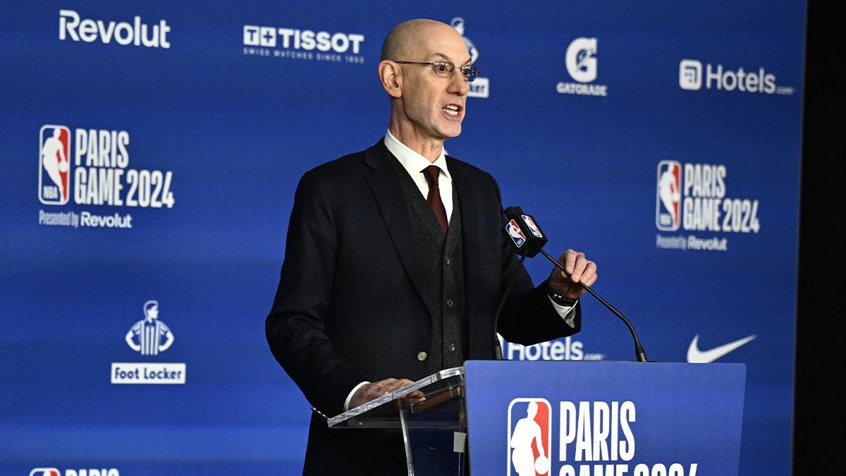NBA commissioner Adam Silver speaks before a NBA Game between the Brooklyn Nets and the Cleveland Cavaliers at AccorHotels Arena.
