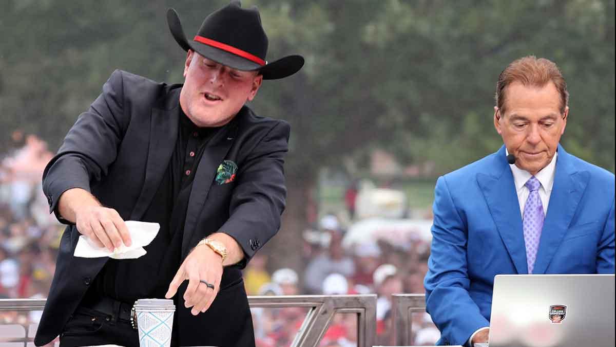 Pat McAfee takes the stage at ESPN College GameDay ahead of the University of Oklahoma-Michigan College football game.