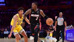 Miami Heat guard Terry Rozier (2) moves the ball against Los Angeles Lakers guard Max Christie (12) during the first half at Crypto.com Arena.