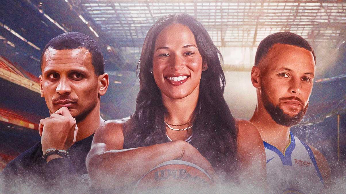 Veronica Burton smiling, with Steph Curry in the background, Joe Mazzulla in the background.