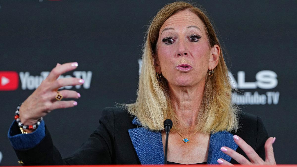 WNBA Commissioner Cathy Engelbert talks during a presser before the start of game one of the 2025 WNBA Finals between the Phoenix Mercury and the Las Vegas Aces at Michelob Ultra Arena.