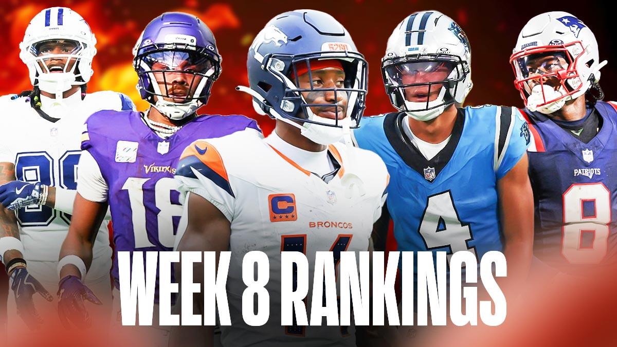 CeeDee Lamb, Justin Jefferson, Courtland Sutton, Ladd McConkey, Tetairoa McMillan all beside each other, Flames in the background