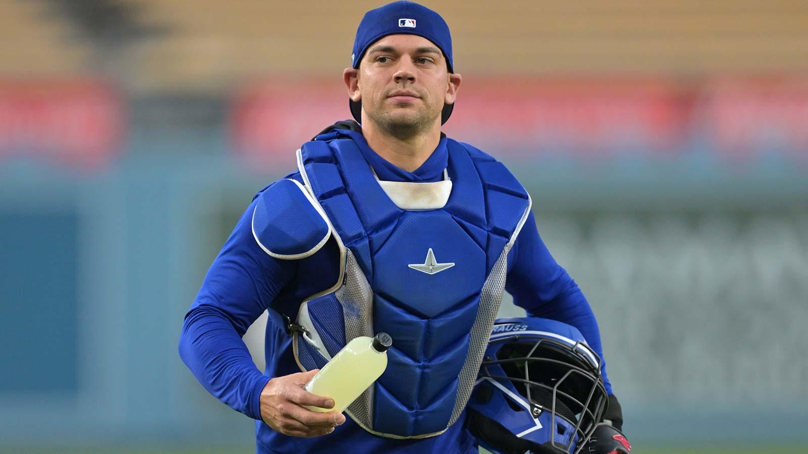Los Angeles Dodgers catcher Ben Rortvedt (47) during World Series workouts prior to game three against the Toronto Blue Jays at Dodger Stadium.