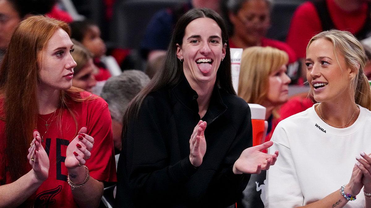 Indiana Fever guard Caitlin Clark (22) reacts from the bench during Game 4 of the WNBA semifinals against the Las Vegas Aces on Sunday, Sept. 28, 2025, at Gainbridge Fieldhouse in Indianapolis.