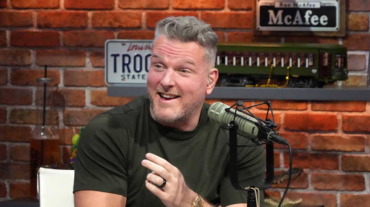 Pat McAfee on the Pat McAfee Show set on Radio Row at the Super Bowl LIX media center.