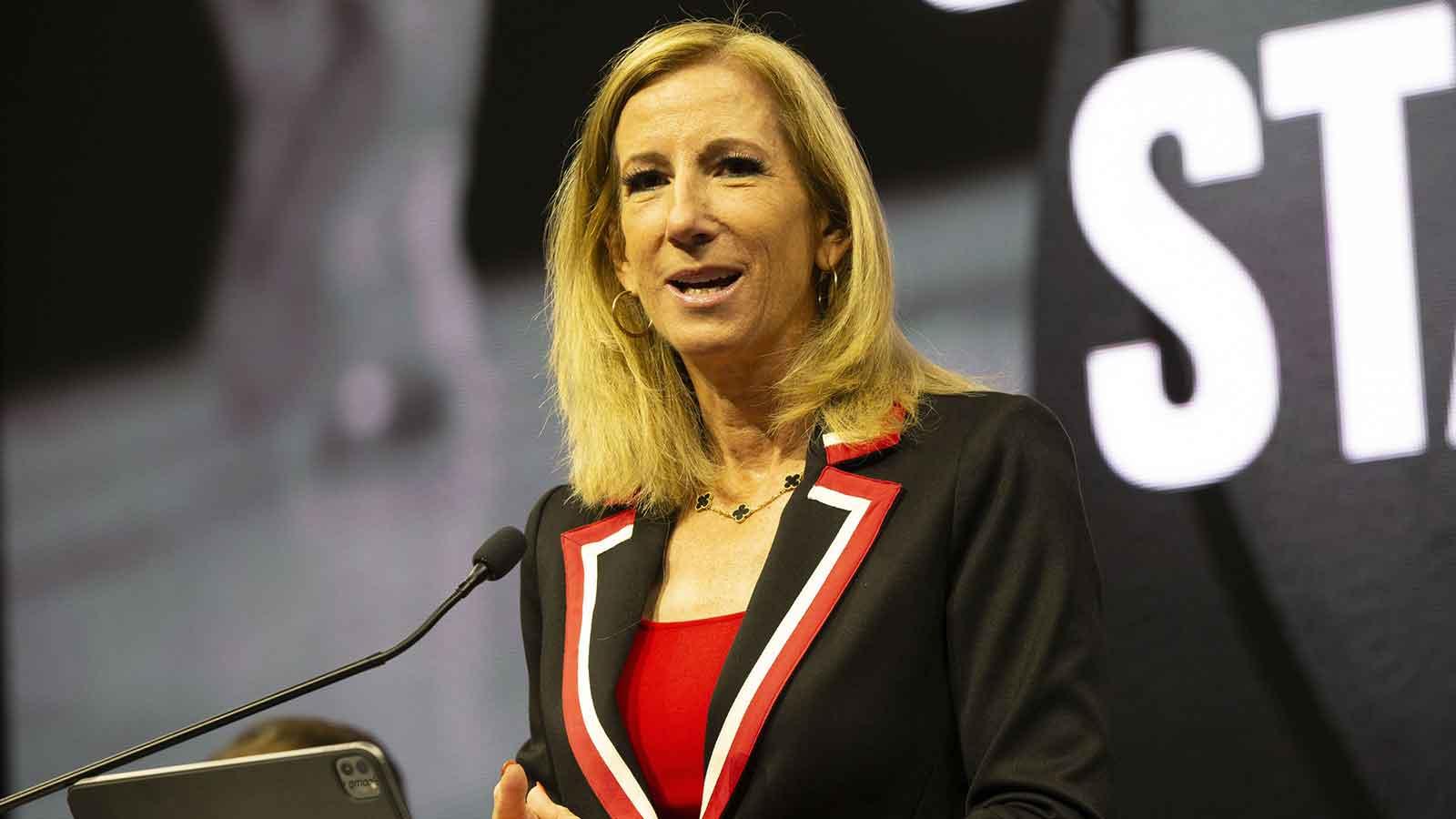 WNBA commissioner Cathy Engelbert makes opening remarks during a press conference to announce an expansion WNBA franchise in the San Francisco Bay Area at Chase Center.