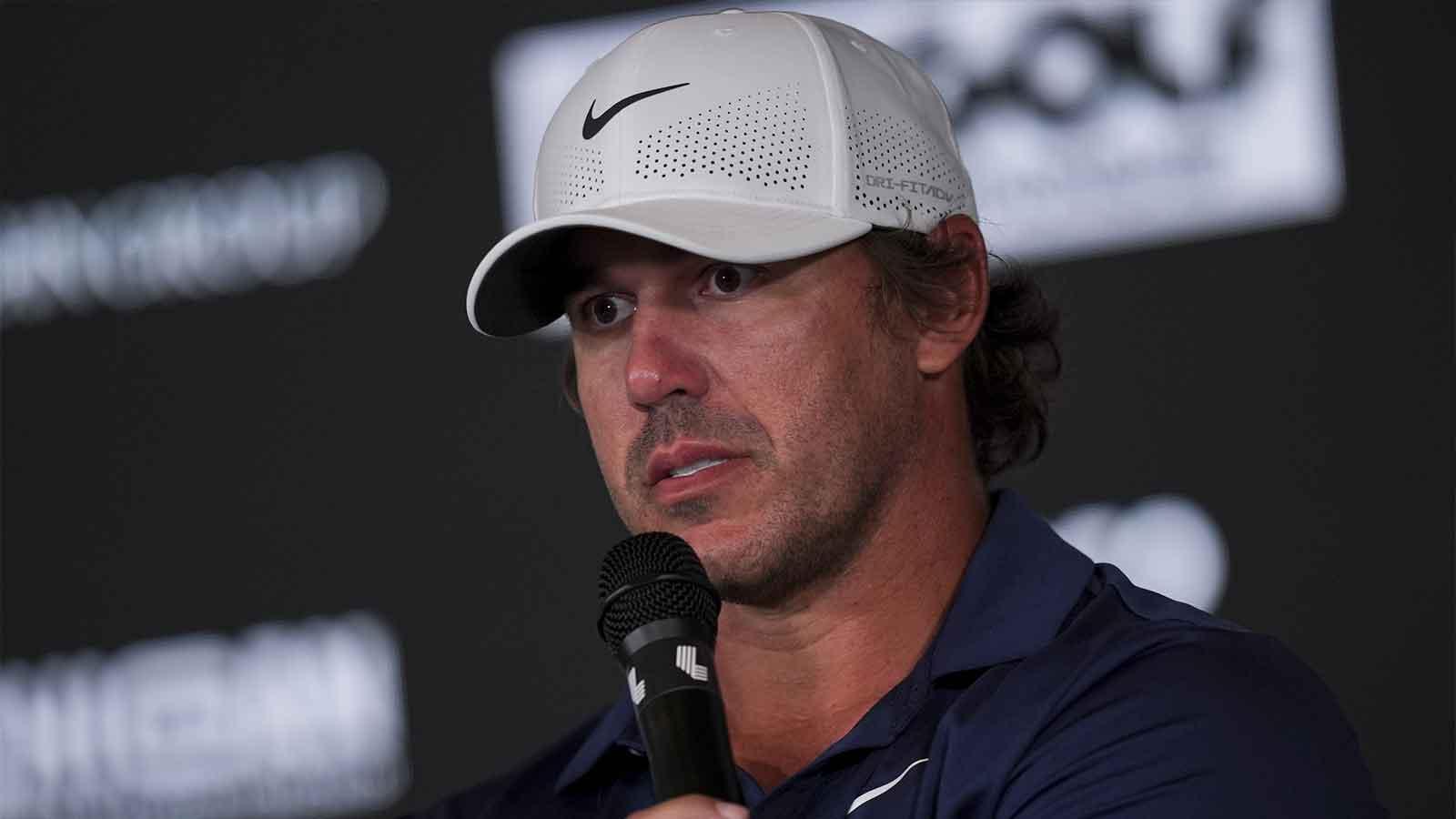 Brooks Koepka of Smash GC address the media after the quarterfinals of the LIV Golf Michigan Team Championship at The Cardinal at Saint John's Resort.