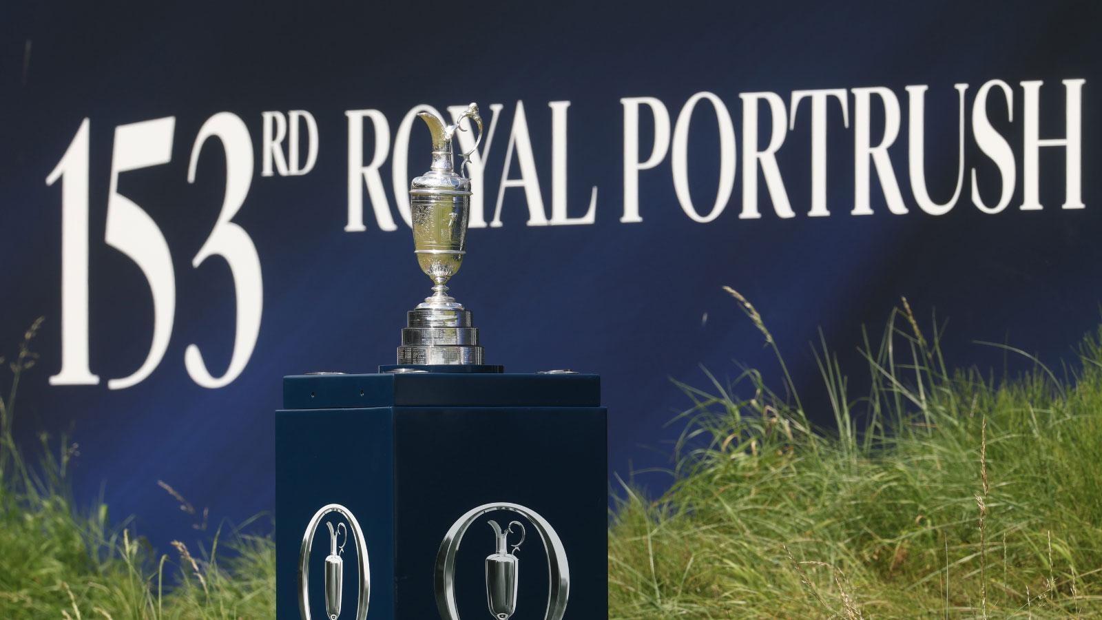The Claret Jug on the first hole during the final round of The 153rd Open Championship golf tournament at Royal Portrush