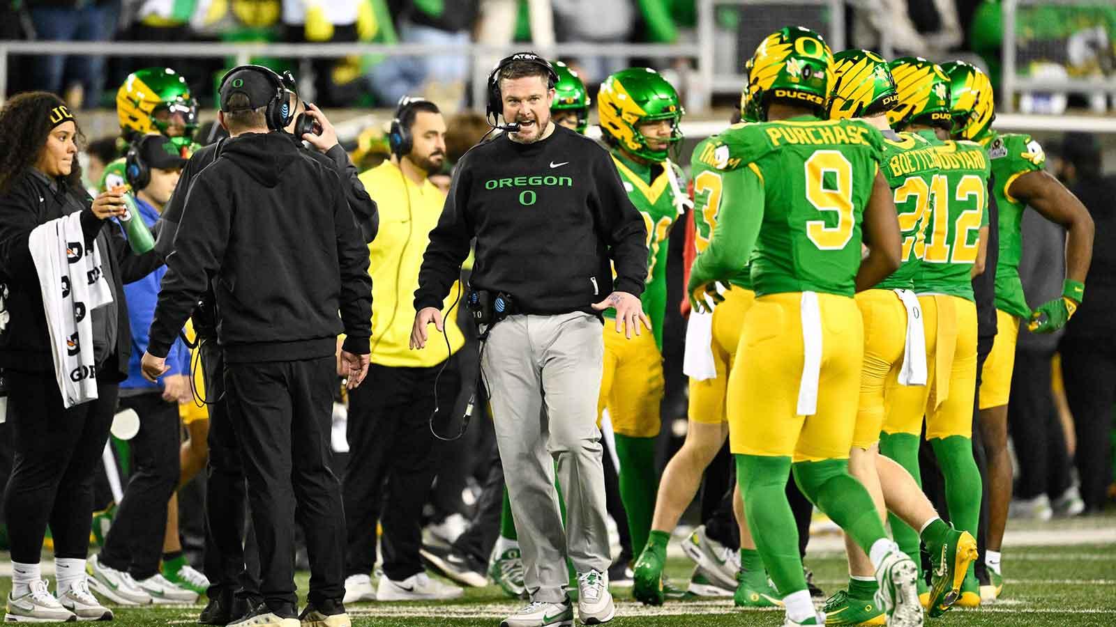 Oregon Ducks head coach Dan Lanning celebrates during the third quarter against the James Madison Dukes at Autzen Stadium.