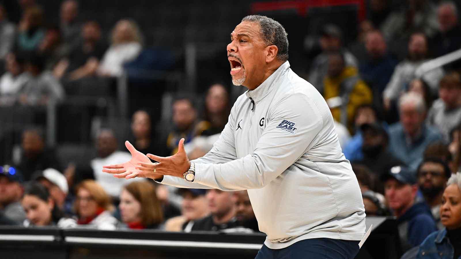 Georgetown Hoyas head coach Ed Cooley reacts against the Xavier Musketeers during the first half at Capital One Arena.