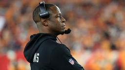 Atlanta Falcons head coach Raheem Morris watches game play against the Tampa Bay Buccaneers during the third quarter at Raymond James Stadium.