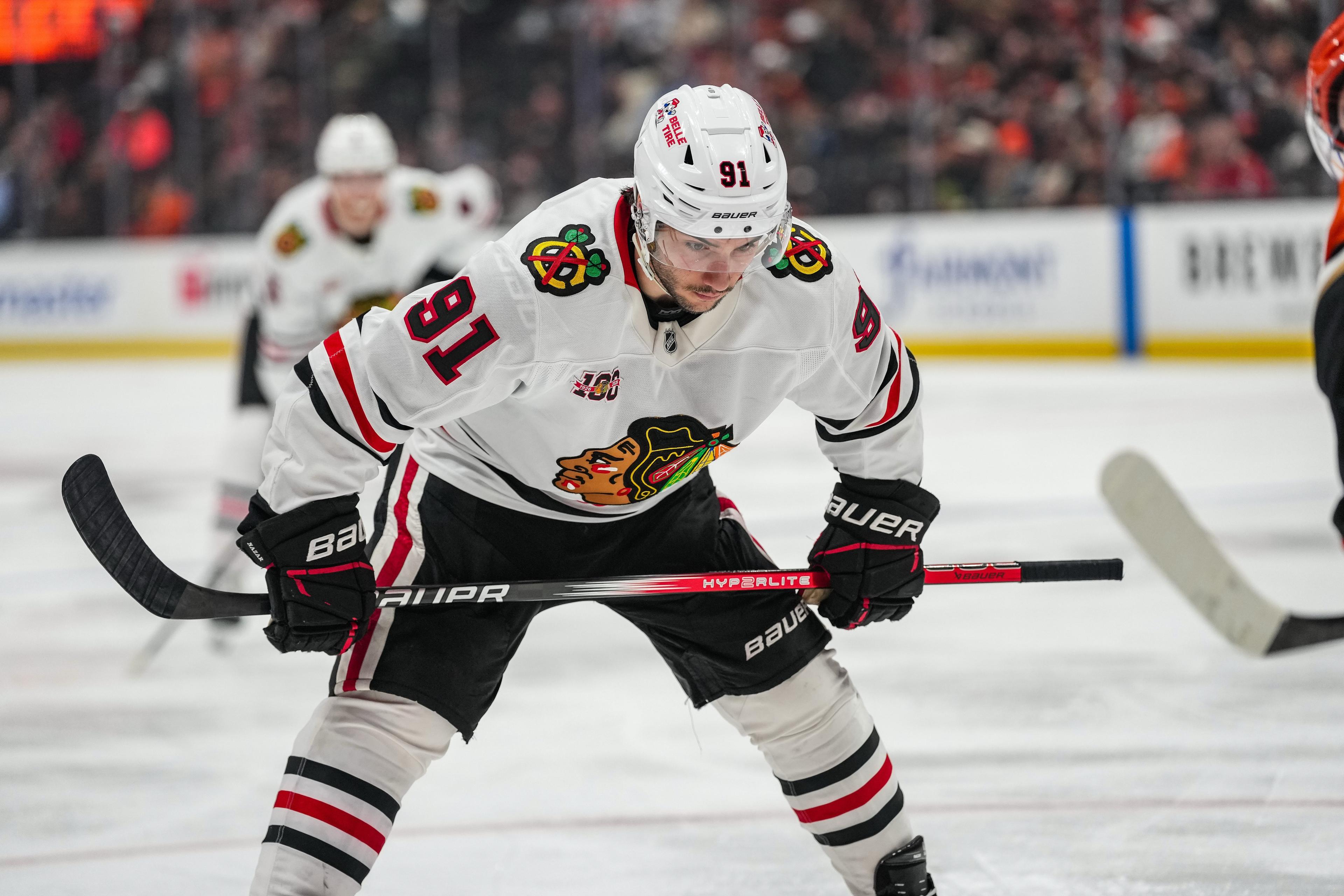 Chicago Blackhawks center Frank Nazar (91) readies for a face-off against the Anaheim Ducks during the third period at Honda Center.