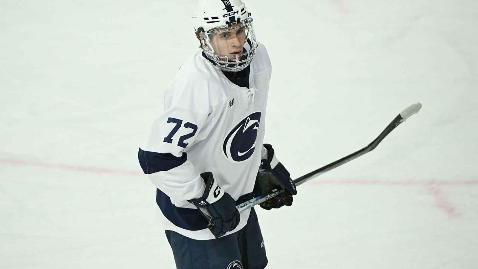 Penn State Nittany Lions forward Gavin McKenna (72) skates against the Clarkson Golden Knights during the second period at Pegula Ice Arena.