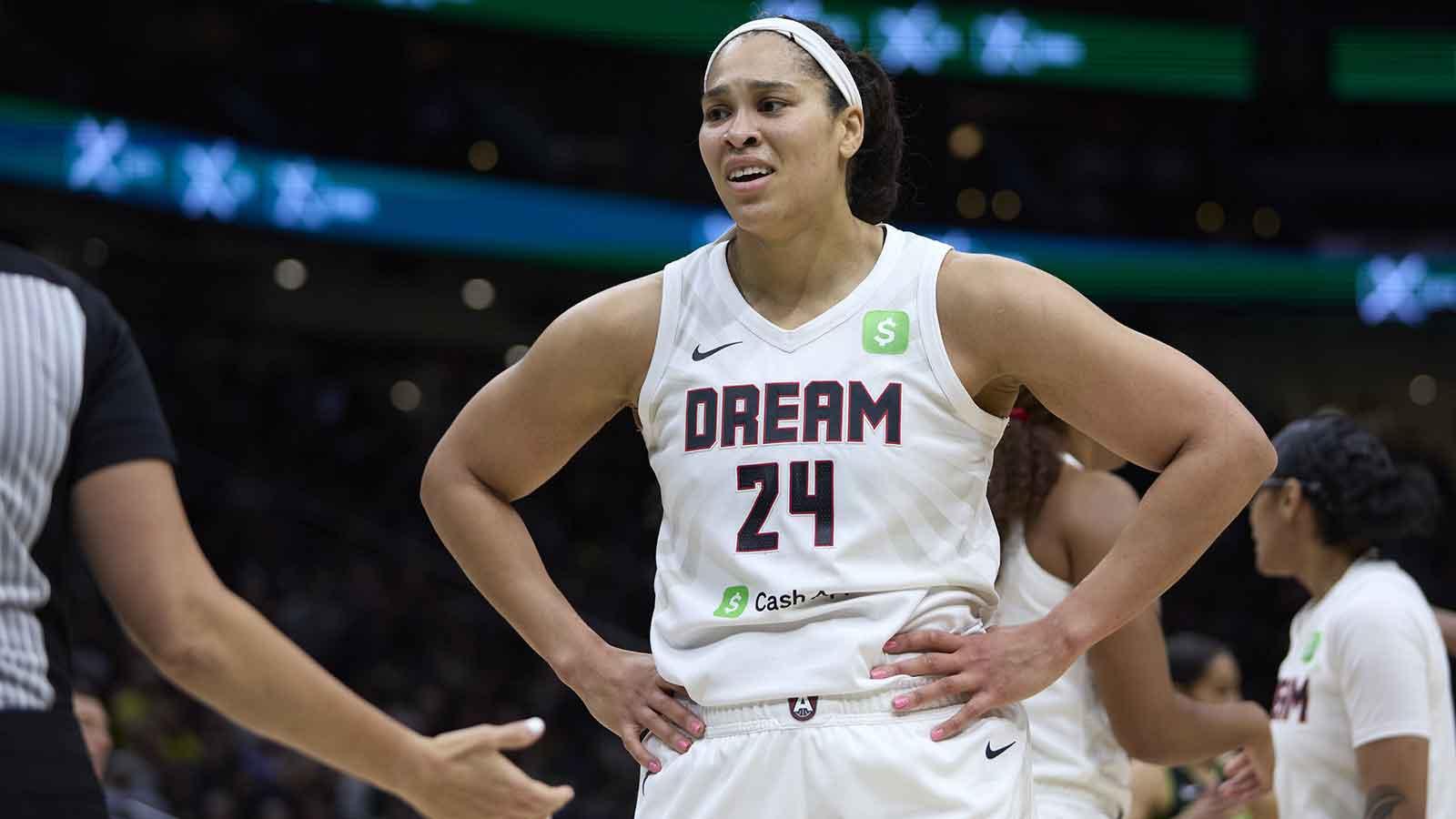 Atlanta Dream forward Brionna Jones (24) reacts after a foul call against her during the first half against the Seattle Storm at Climate Pledge Arena.