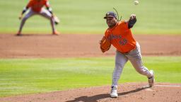 Houston Astros starting pitcher Framber Valdez (59) pitches against the Atlanta Braves during the first inning at Truist Park