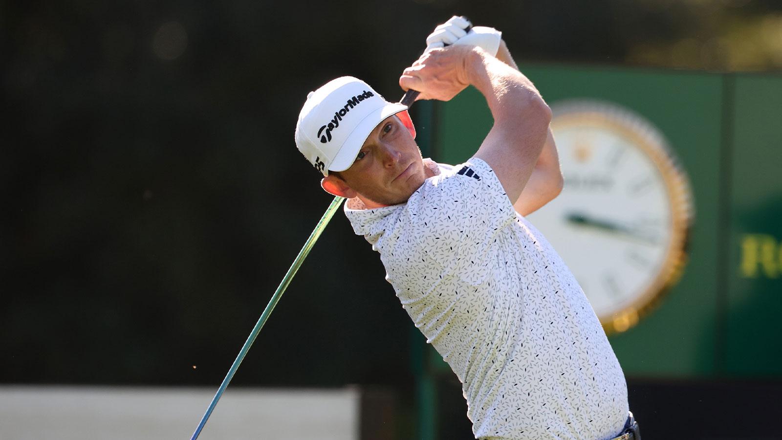 Jacob Bridgeman hits his tee shot on the 17th hole during the third round of the The Genesis Invitational golf tournament at Riviera Country Club