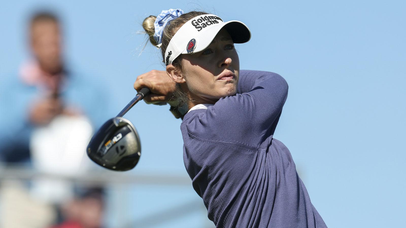 Nelly Korda tees off on the tenth hole during the first round of The ANNIKA golf tournament at Pelican Golf Club.