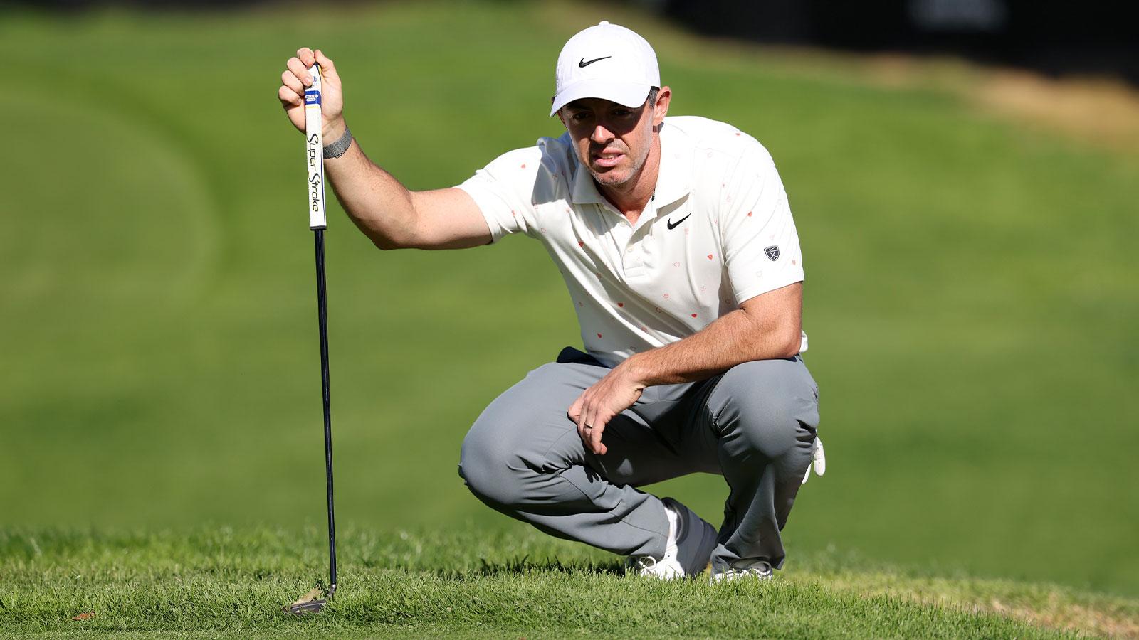 USA; Rory McIlroy lines up his putt on the 14th green during the third round of the The Genesis Invitational golf tournament at Riviera Country Club