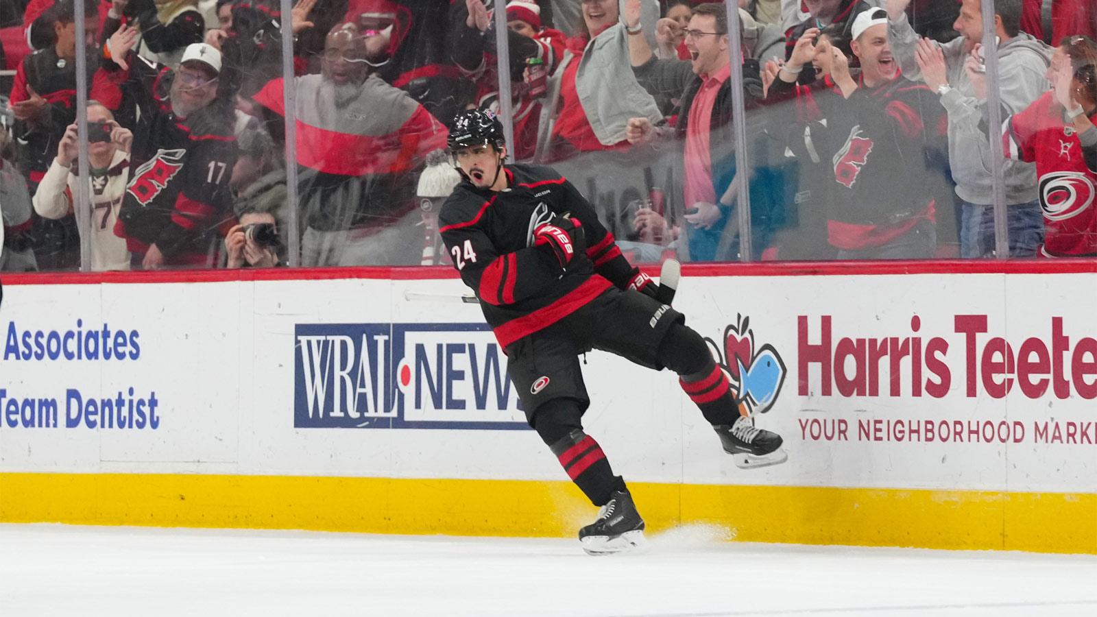 Carolina Hurricanes center Seth Jarvis (24) celebrates his goal against the Ottawa Senators during the second period at Lenovo Center