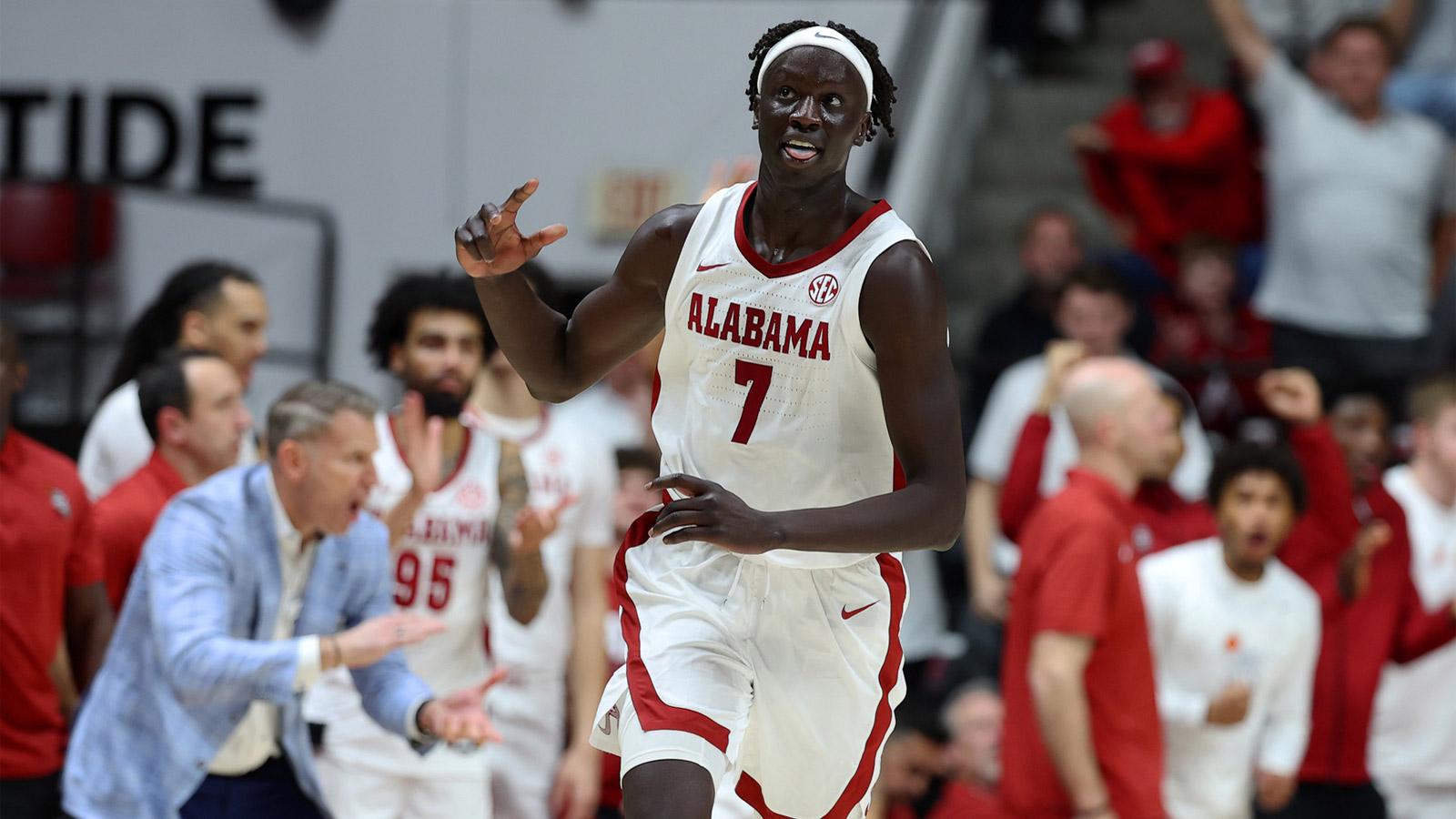 Alabama Crimson Tide forward Taylor Bol Bowen (7) reacts during the second half against the Texas Longhorns at Coleman Coliseum.