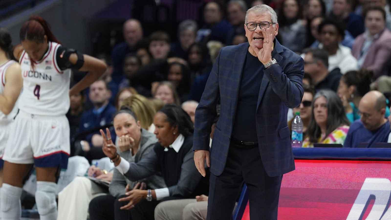 UConn Huskies head coach Geno Auriemma watches from the sideline as they take on the Notre Dame Fighting Irish at Harry A. Gampel Pavilion.
