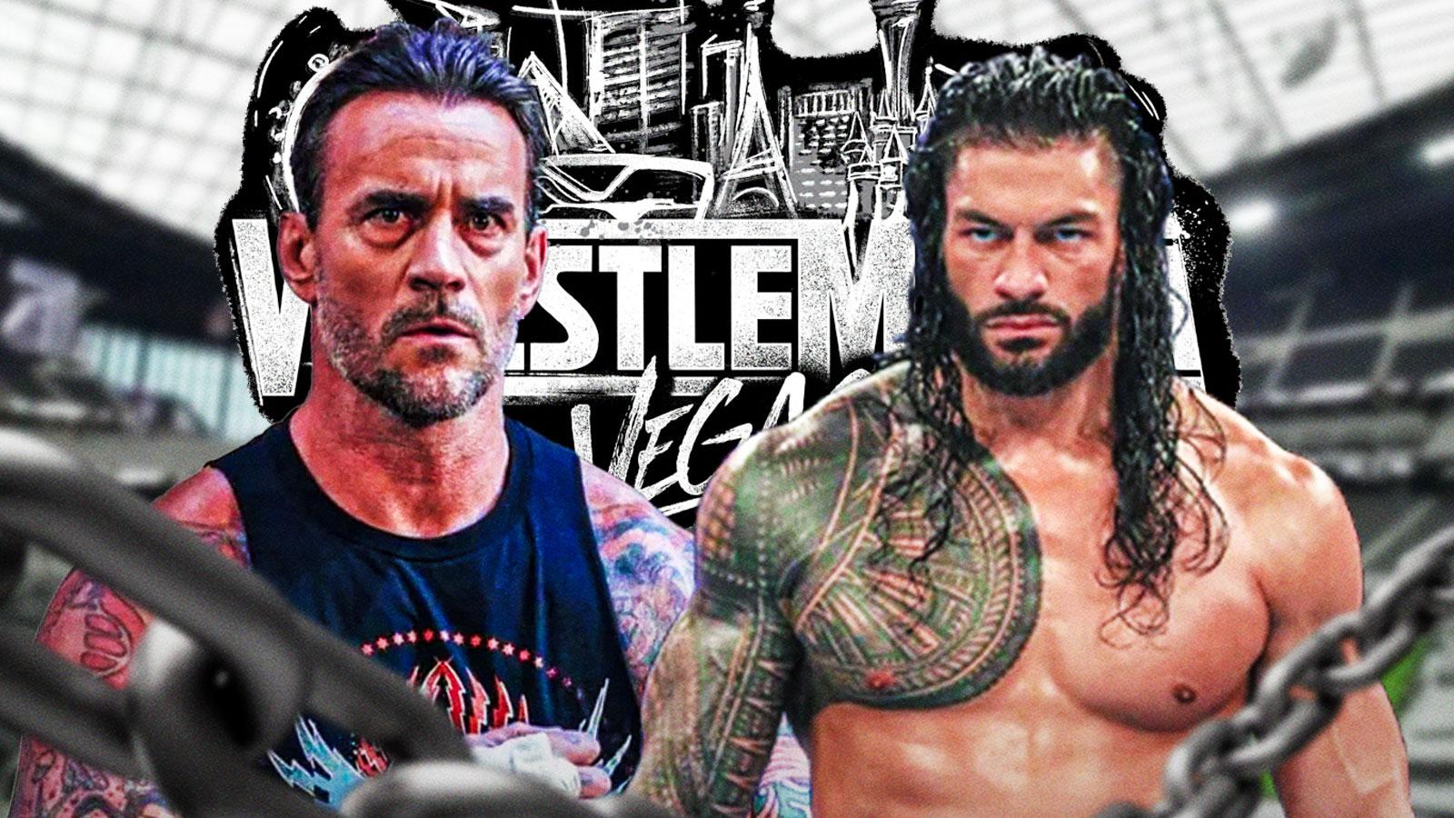WWE Superstars CM Punk and Roman Reigns with WrestleMania 42 logo and Allegiant Stadium background.