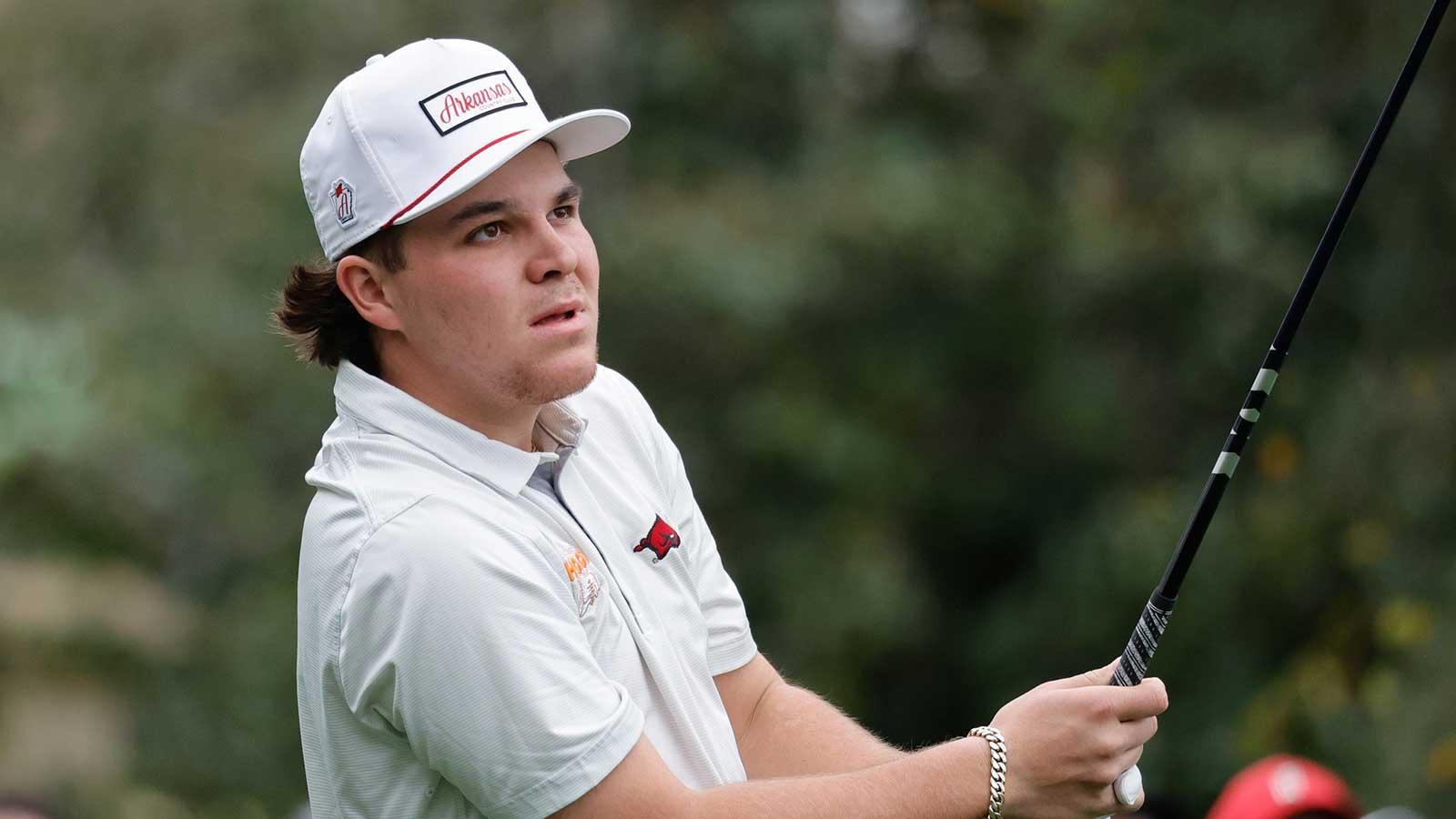 John Daly II plays his shot from the first tee during the PNC Championship at The Ritz-Carlton Golf Club.
